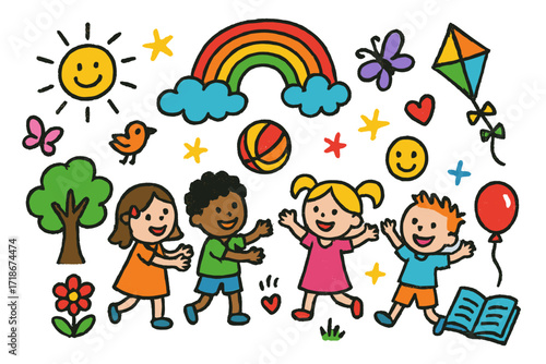 Children's Outdoor Fun. Colorful Hand-drawn doodle Children illustration Outdoor Team Games children playing ball, rainbow, sun, tree, butterfly, flower, kite,