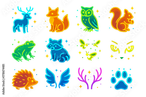 Neon Wildlife Icons. Colorful isometric vector icons set of glowing wildlife at night: neon deer, glowing fox, radiant owl, shimmering squirrel, luminous frog,