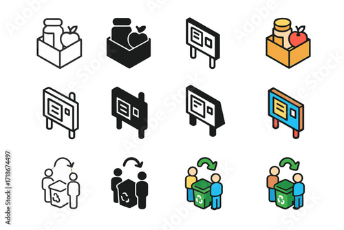 Community Icon Set. Icon Set of Community Involvement: Local food drive, Neighborhood board, Recycling event. Icons set in vector style, emblematic variations.