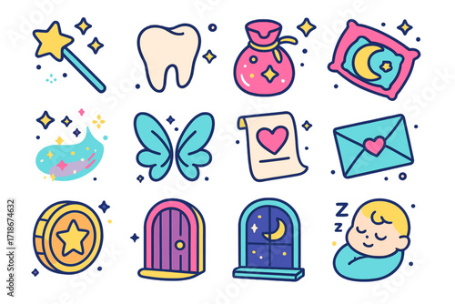 Tooth Fairy Icons. Colorful isometric vector icons set of Tooth Fairy Moments: fairy wand, baby tooth, glitter pouch, nighttime pillow, sparkling fairy dust,