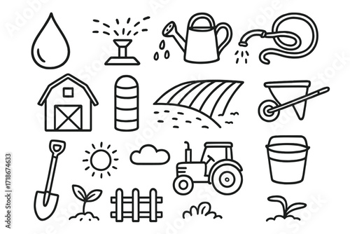 Farm Irrigation Doodles. Hand-drawn doodle illustration irrigation for farmland water droplet, sprinkler, watering can, hose, bucket, field rows, barn, silo,