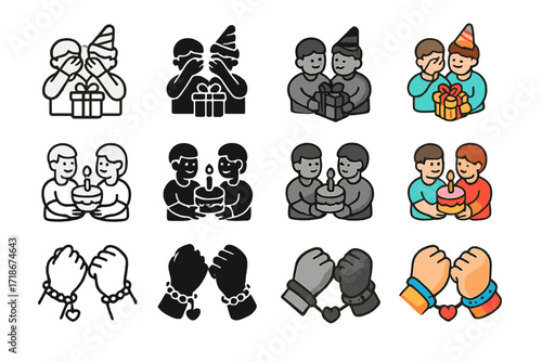 Friendship Celebration Icons. Icon Set of Celebrating Friendship: Birthday surprise, Shared cake, Matching bracelets. Icons set in vector style, emblematic