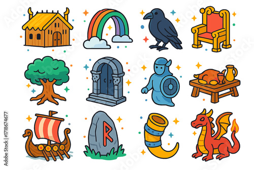 Norse Afterlife Icons. Colorful isometric vector icons set of Norse afterlife realms: Valhalla hall, rainbow Bifrost, soul raven, Yggdrasil tree, Helheim gate,