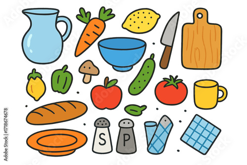 Colorful Kitchen Table. Kitchen Table. Colorful Hand-drawn doodle Children illustration table, cutting board, knife, vegetables, fruits, bowl, bread, salt
