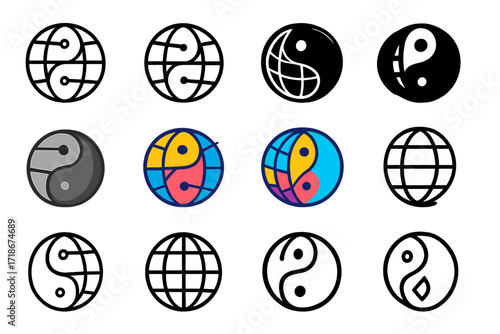 Cultural Adaptation Logos. Set Logo of Cultural Adaptation: Yin yang globe. Logo set in vector style, emblematic variations. line, bold thick line, solid black