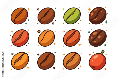 Colorful Coffee Bean Icons. Colorful isometric vector icons set of coffee beans: Arabica bean, Robusta bean, green unroasted bean, roasted dark bean, medium