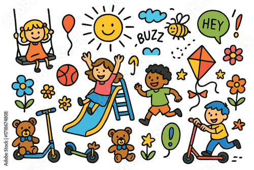 Vibrant Playground Chaos. Colorful Hand-drawn doodle Children illustration Playground Buzz kids playing, slide, swing, ball, shout bubble, sun, bee, smiley