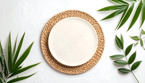 Empty white plate on woven placemat, surrounded by tropical leaves on a white surface