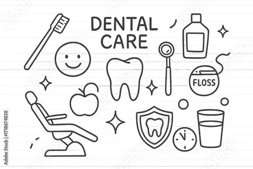 Dental Care Doodles. Hand-drawn doodle illustration Dental Care [toothbrush, toothpaste, floss, mouthwash, tooth, dental mirror, dental chair, smiling face,
