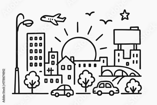 Urban Sunset Doodle. Hand-drawn doodle illustration Urban sunset view [city skyline, sun, cloud, tall building, window, street lamp, airplane, birds, rooftop,