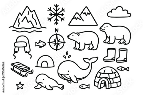 Arctic Doodle Icons. Hand-drawn doodle illustration Arctic landscape [iceberg, glacier, snowflake, mountain, polar bear, seal, whale, igloo, sled, compass,