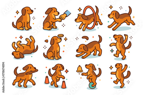Dog Trick Icons Grid. Colorful isometric vector icons set of teaching a dog new tricks: dog sitting on command, dog giving paw, dog rolling over, dog jumping