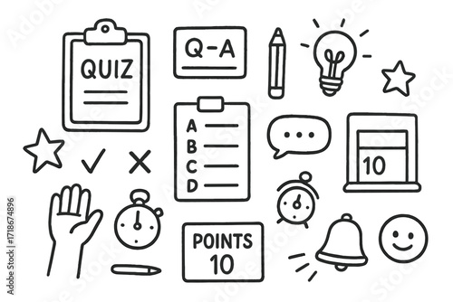 Classroom Quiz Doodle. Hand-drawn doodle illustration Classroom quiz [clipboard, question card, pencil, lightbulb, star, correct mark, cross mark, timer,
