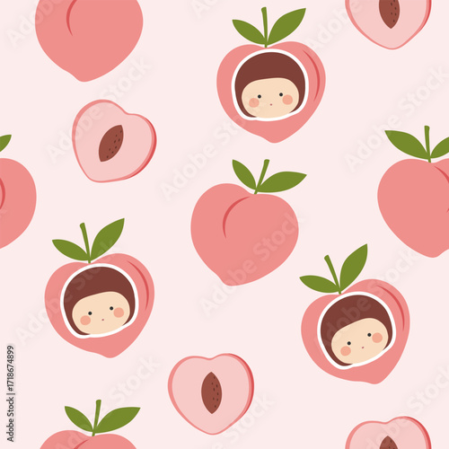 girl head on a peach and  a half  peach  seamless pattern , vector , illustration
