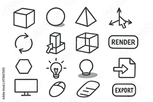 3D Art Tools Icons. Hand-drawn doodle illustration 3D digital art cube, sphere, pyramid, 3D cursor, rotation arrows, extrude tool, grid, wireframe, render