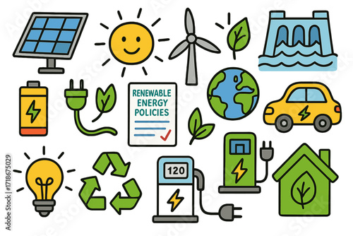 Renewable Energy Doodle. Colorful Hand-drawn doodle Children illustration Renewable energy policies solar panel, wind turbine, water dam, sun, battery storage,