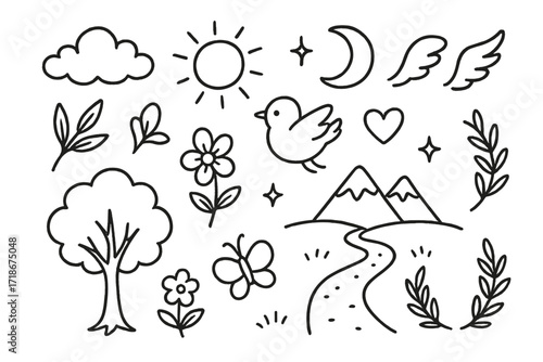 Heavenly Meadows Doodle. Hand-drawn doodle illustration Heavenly meadows [tree, flower, butterfly, bird, sun, cloud, moon, star, sparkle, heart, olive branch,