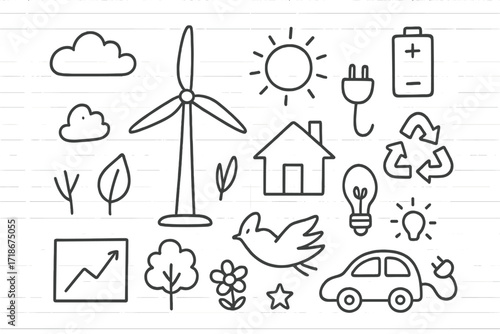 Eco-Doodle Icons. Hand-drawn doodle illustration Wind energy [wind turbine, cloud, sun, battery, plug, light bulb, leaf, recycle symbol, house, tree, bird,