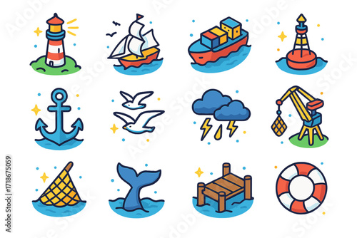 Isometric Nautical Icons. Colorful isometric vector icons set of nautical horizons: lighthouse, sailing ship, cargo vessel, distant buoy, anchor, seagulls