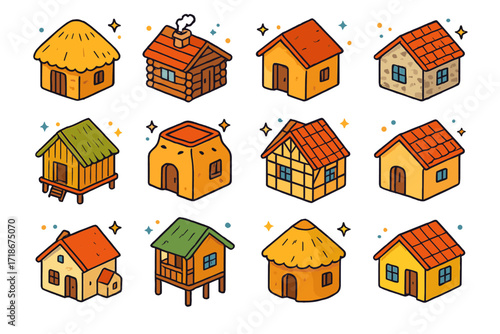 Colorful Village Icons. Colorful isometric vector icons set of Traditional Village Houses: thatched roof house, log cabin, mud house, stone cottage, bamboo