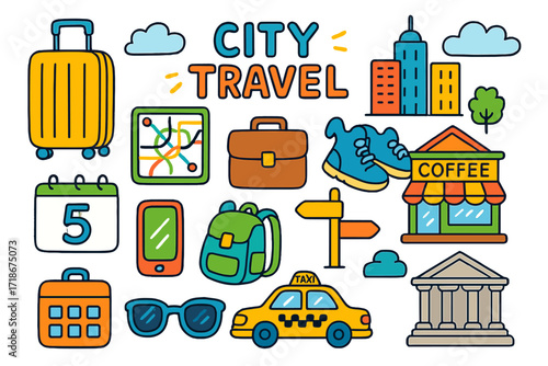 City Travel Doodle. Colorful Hand-drawn doodle Children illustration City Travel Experience city skyline, suitcase, metro map, building, coffee shop,