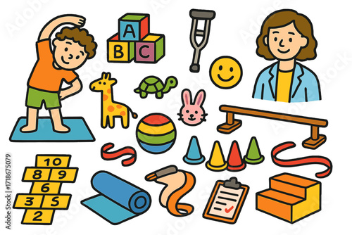 Pediatric Therapy Doodle. Colorful Hand-drawn doodle Children illustration Pediatric Physical Therapy child stretching, toy blocks, small crutch, balance beam,
