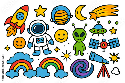 Cosmic Kids' Adventure. Colorful Hand-drawn doodle Children illustration Deep Space Mystery [rocket, planet, star, moon, comet, astronaut, satellite, spark,