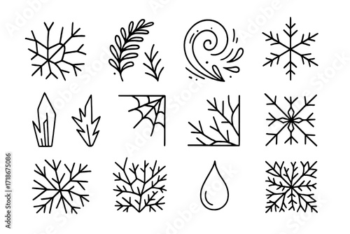 Geometric Frost Patterns. Hand-drawn doodle illustration ice crystal patterns geometric frost, fern-like ice, swirly design, radial crystal, frozen detail,