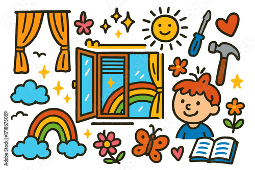 Colorful Children's Window View. Colorful Hand-drawn doodle Children illustration New Window Look open window, curtains, blinds, screwdriver, hammer, rainbow,