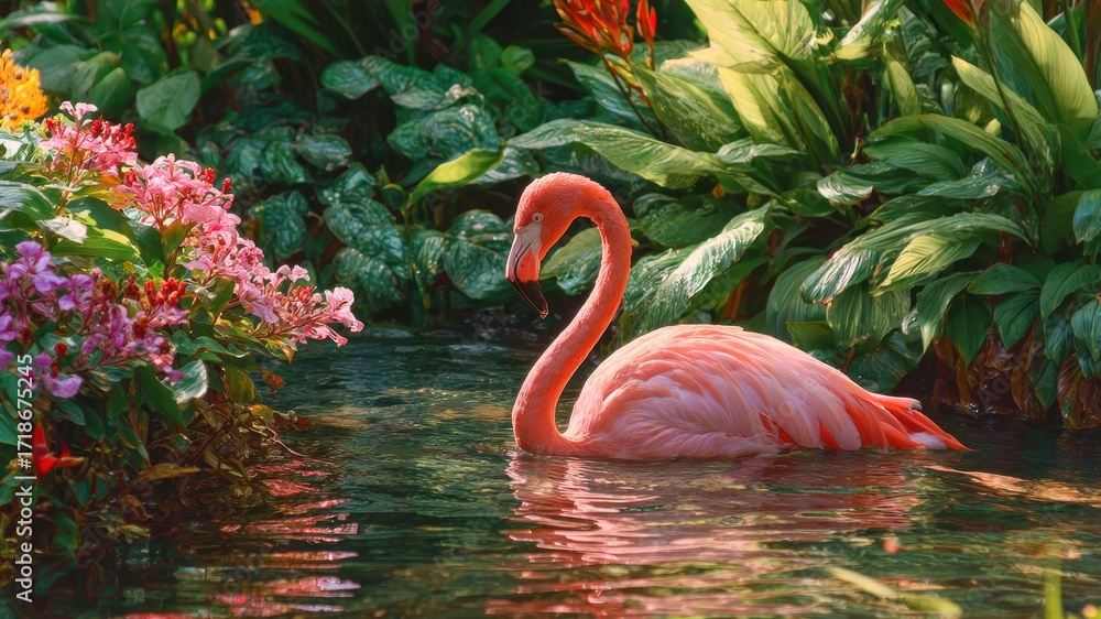 Fototapeta premium Graceful pink flamingo wading in lush tropical garden pond, surrounded by vibrant flowers and green foliage, peaceful and serene