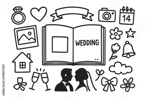 Wedding Doodle Icons. Hand-drawn doodle illustration Wedding and anniversary photo book [wedding ring, heart, bride and groom silhouette, ribbon, photo frame,