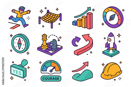 Risk and Growth Icons. Colorful isometric vector icons set of risk-taking and growth: blindfolded leap, safety net icon, rising bar graph, risk meter, business