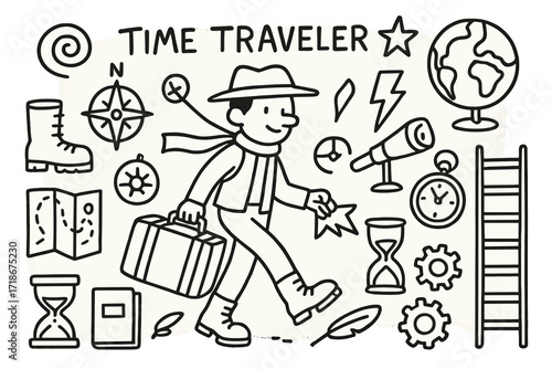 Time Traveler's Essentials. Hand-drawn doodle illustration time traveler on an adventure boots, suitcase, compass, map, telescope, spiral, hourglass, pocket
