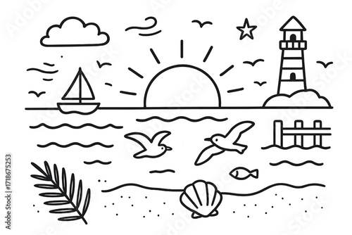 Sunset Ocean Doodle. Hand-drawn doodle illustration Sunset over ocean [waves, sun half-set, sailboat, lighthouse, seagull, beach, shell, cloud, breeze lines,