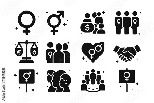 Diverse Gender Icons. Gender Equality. Solid icons set of female symbol, male symbol, gender-neutral symbol, equal pay, diverse workplace, balance scale, group