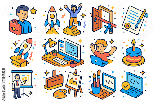 Dream Career Icons. Colorful isometric vector icons set of dream career milestones: landing first job, promotion celebration, office ribbon cutting, successful