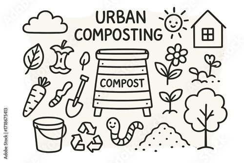Urban Composting Doodles. Hand-drawn doodle illustration Urban composting [compost bin, leaf, apple core, carrot, shovel, worm, soil, bucket, recycle symbol,
