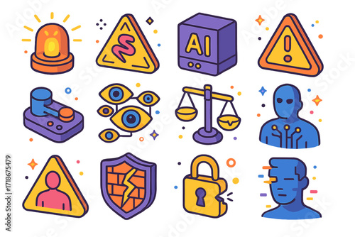 Singularity Warning Icons. Colorful isometric vector icons set of singularity warning signs: blinking caution light, runaway algorithm icon, black box AI, red