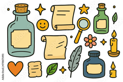 Vintage Bottles and Icons. Colorful Hand-drawn doodle Children illustration vintage glass bottles old bottle, cork, handwritten label, feather, ink bottle,