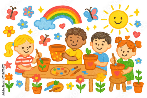 Children's Flower Pot Workshop. Colorful Hand-drawn doodle Children illustration Flower Pot Workshop children painting, clay pots, table, brushes, rainbow,