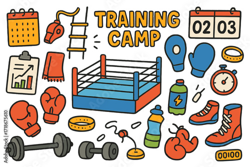 Boxing Camp Essentials. Colorful Hand-drawn doodle Children illustration Training Camp boxing ring, punch pads, rope ladder, whistle, scoreboard, barbell,