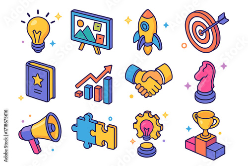 Entrepreneur Icon Set. Colorful isometric vector icons set of entrepreneurial mindset: lightbulb moment, vision board, startup rocket, target with arrow,