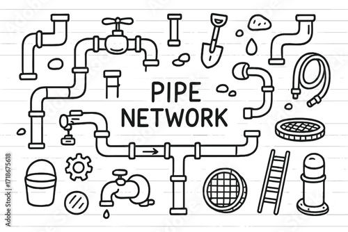Pipe Network Doodle. Pipe Network. Hand-drawn doodle illustration pipe network water pipe, joint, valve, droplet, bucket, shovel, gear, pump, manhole, ladder,