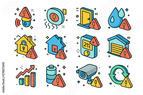 Smart Home Alert Icons. Colorful isometric vector icons set of smart home system alerts: motion detection warning, smoke detected alert, door left open light,