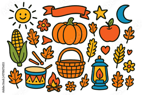 Children's Harvest Festival Doodles. Colorful Hand-drawn doodle Children illustration Harvest festival corn, pumpkin, apple, basket, leaf, sun, star, moon,