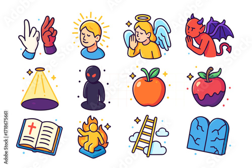 Moral Symbols Icons. Colorful isometric vector icons set of moral symbols: good vs evil hands, glowing conscience, angel whispering, demon tempting, light