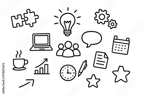 Brainstorming Session Doodles. Hand-drawn doodle illustration brainstorming session light bulb, puzzle pieces, gears, speech bubble, group of people, laptop,
