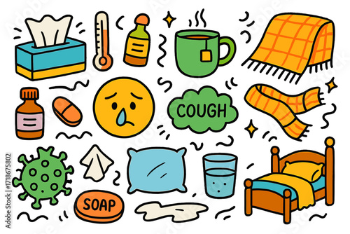 Common Cold Essentials. Colorful Hand-drawn doodle Children illustration Common cold tissues, thermometer, hot tea, blanket, runny nose emoji, cough cloud,