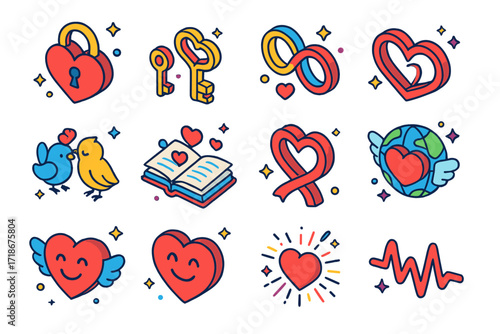 Colorful Love Icons. Colorful isometric vector icons set of love symbols and icons: heart lock, key to heart, intertwined rings, infinity heart, lovebirds,