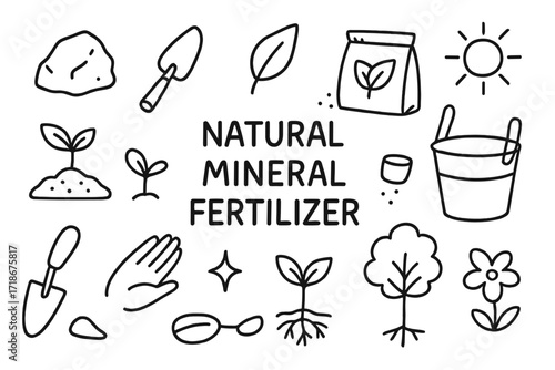 Eco-Friendly Fertilizer Icons. Hand-drawn doodle illustration Natural mineral fertilizer [rock, powder bag, shovel, bucket, soil mound, sprout, leaf, seed,